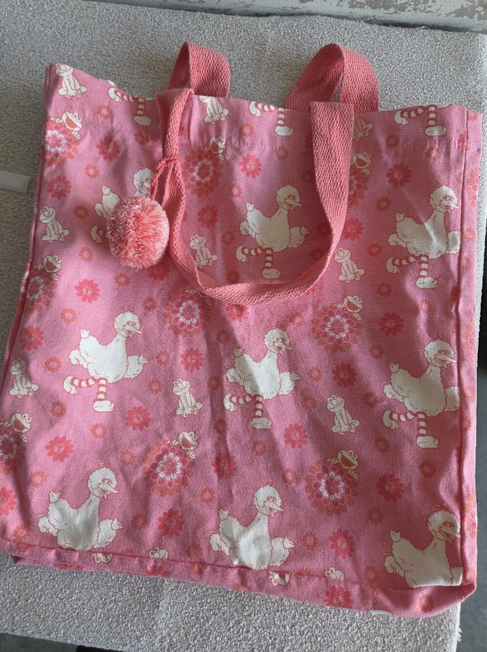 VTG Sesame Street Pink Canvas Tote Bag Big Bird Elmo Flowers & Pom Pom Retro